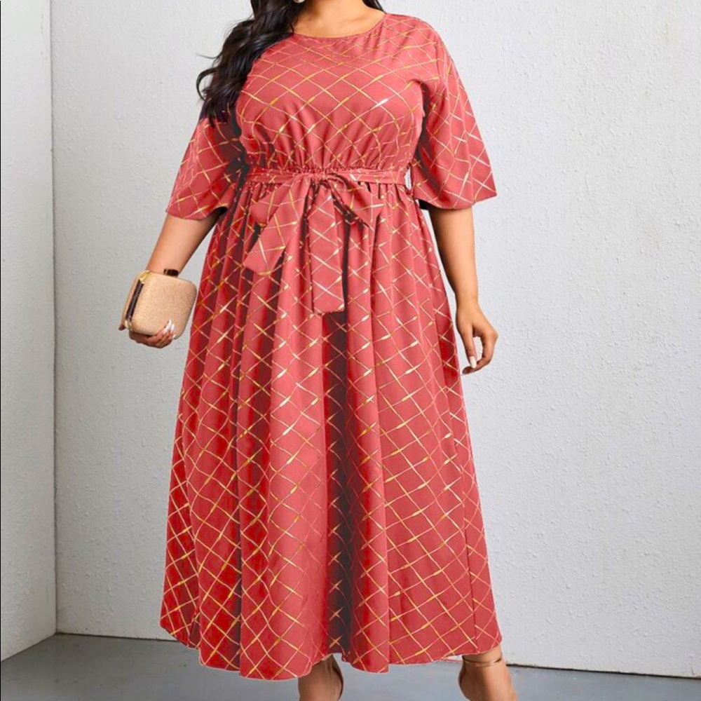 Plus Gilding Plaid Belted A-line Dress